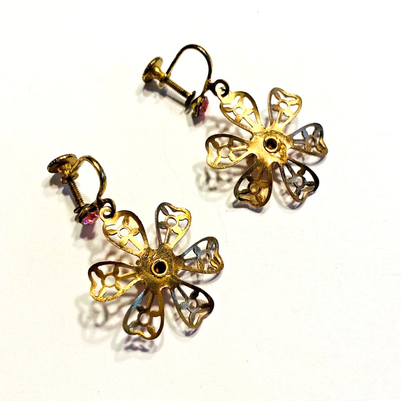 Vintage Screw Back Earrings Mod Hippie Chic Drop & Dangle Gold Flowers Pink Glam - Picture 3 of 6